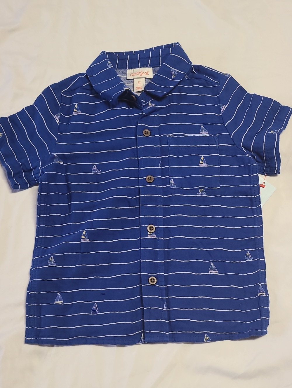 Cat & Jack Navy Blue Striped Sailboat Short-Sleeve Button-Down